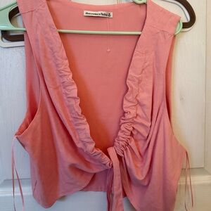Abercrombie and Fitch PinkCropped Tie-Front Linen-Blend Top